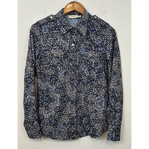 Tory Burch Shirt Size 6 Blue Floral Print Button Up Long Sleeve